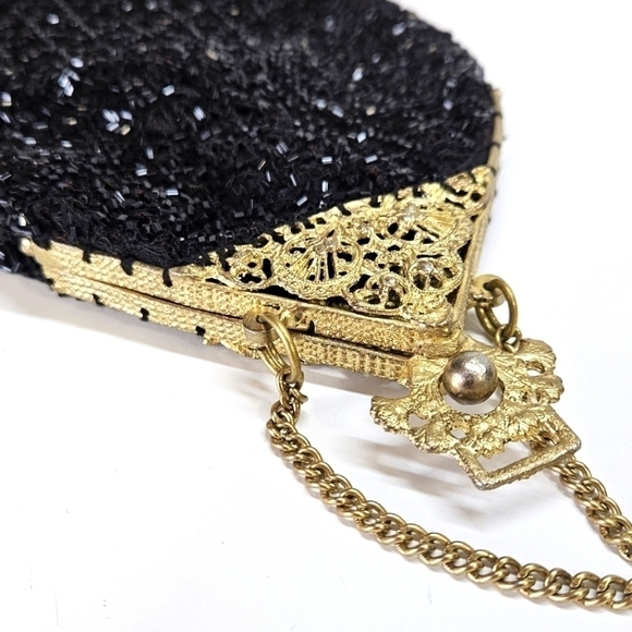 VINTAGE NEW Christiana Black Beaded 100% Silk Evening Purse Bag Made in India - Picture 3 of 11